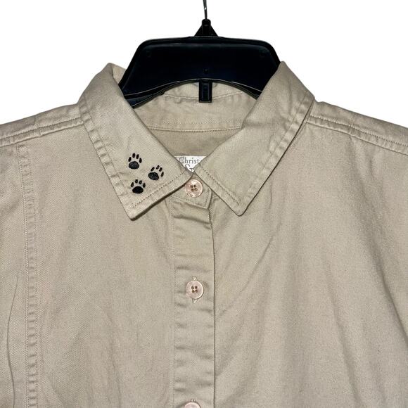 Embroidered Cat Button Up Shirt Shacket Khaki Kitty Top - Picture 4 of 10